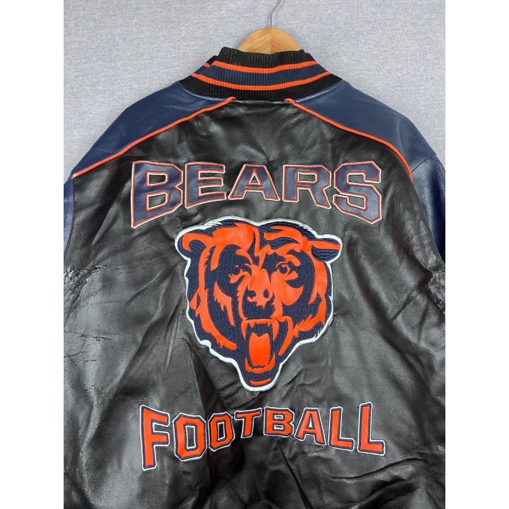NFL Chicago Bears Faux Leather Bomber Jacket Mens XXL Black Blue Orange Football